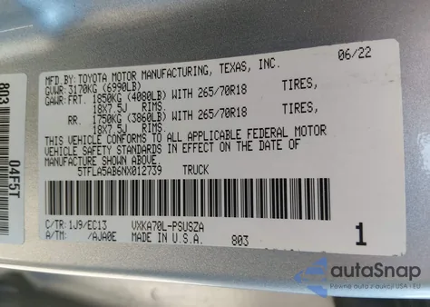 2022 Toyota Tundra Sr5 z USA, uszkodzony, nr VIN 5TFLA5AB6NX012739